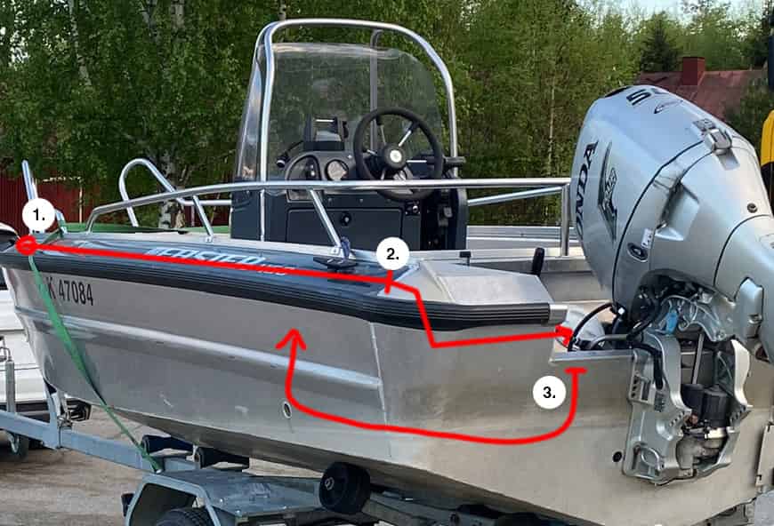 Havainnekuva Faster 460 sähkövedoista keulamoottorille 2010 vuoden Faster 460 veneessä keulasähkömoottorin akkua ei voi sijoittaa keulaan, vaan akku on sijoitettava pulpetin alle. Sähkövedot sinne kannattaa vetää kuvan osoittamalla tavalla. Vaiheet numeroituna kuvassa.